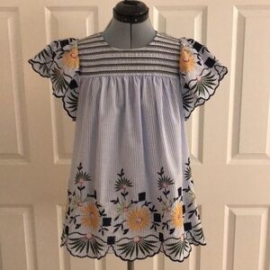 V Cristina Floral Embroidered Pale Blue White Stripe Yellow Flowers Shir…